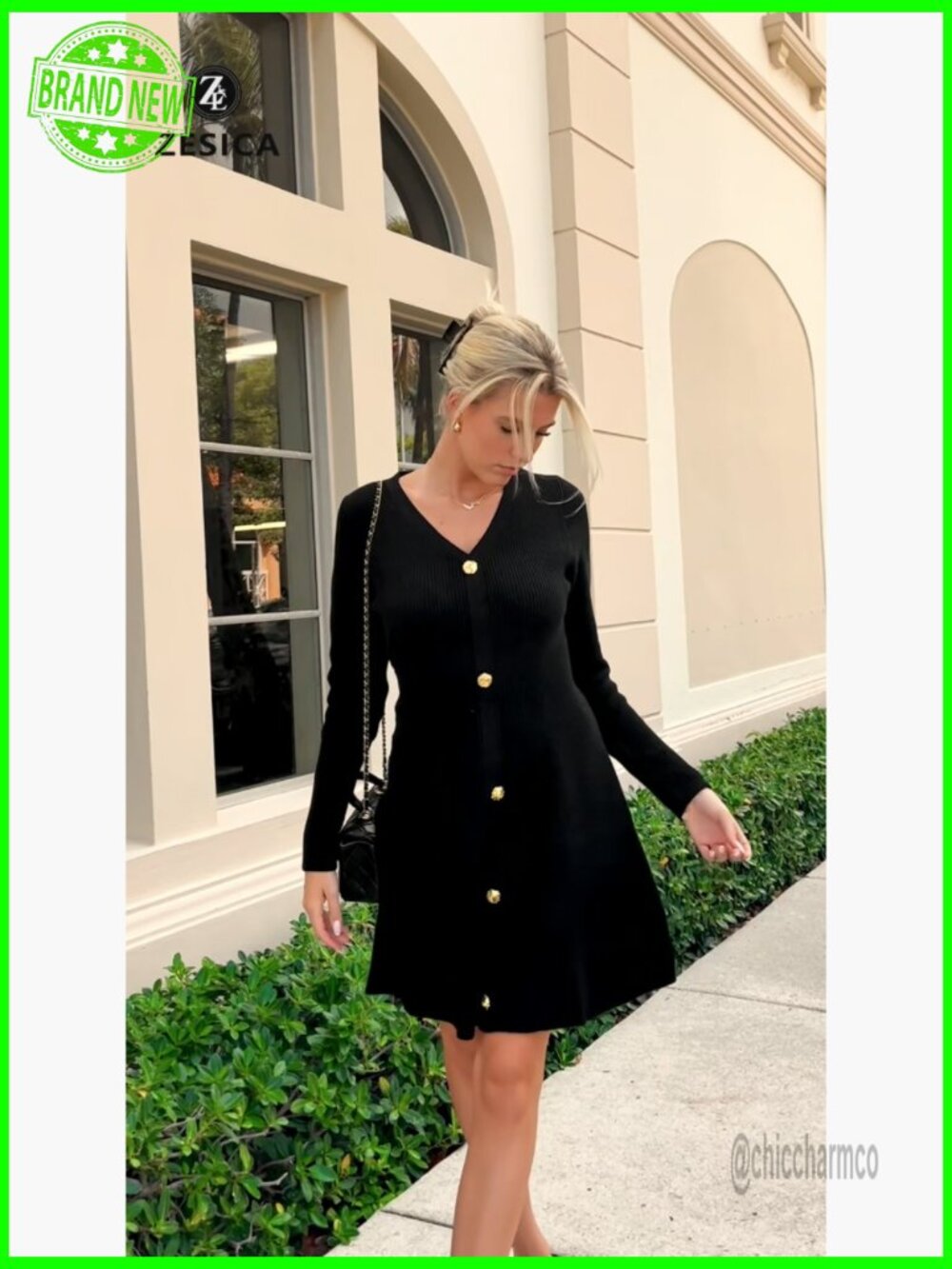 Long Sleeve V-Neck Ribbed Knit Sweater Dress Mini A-Line Fall Winter - Picture 7 of 7